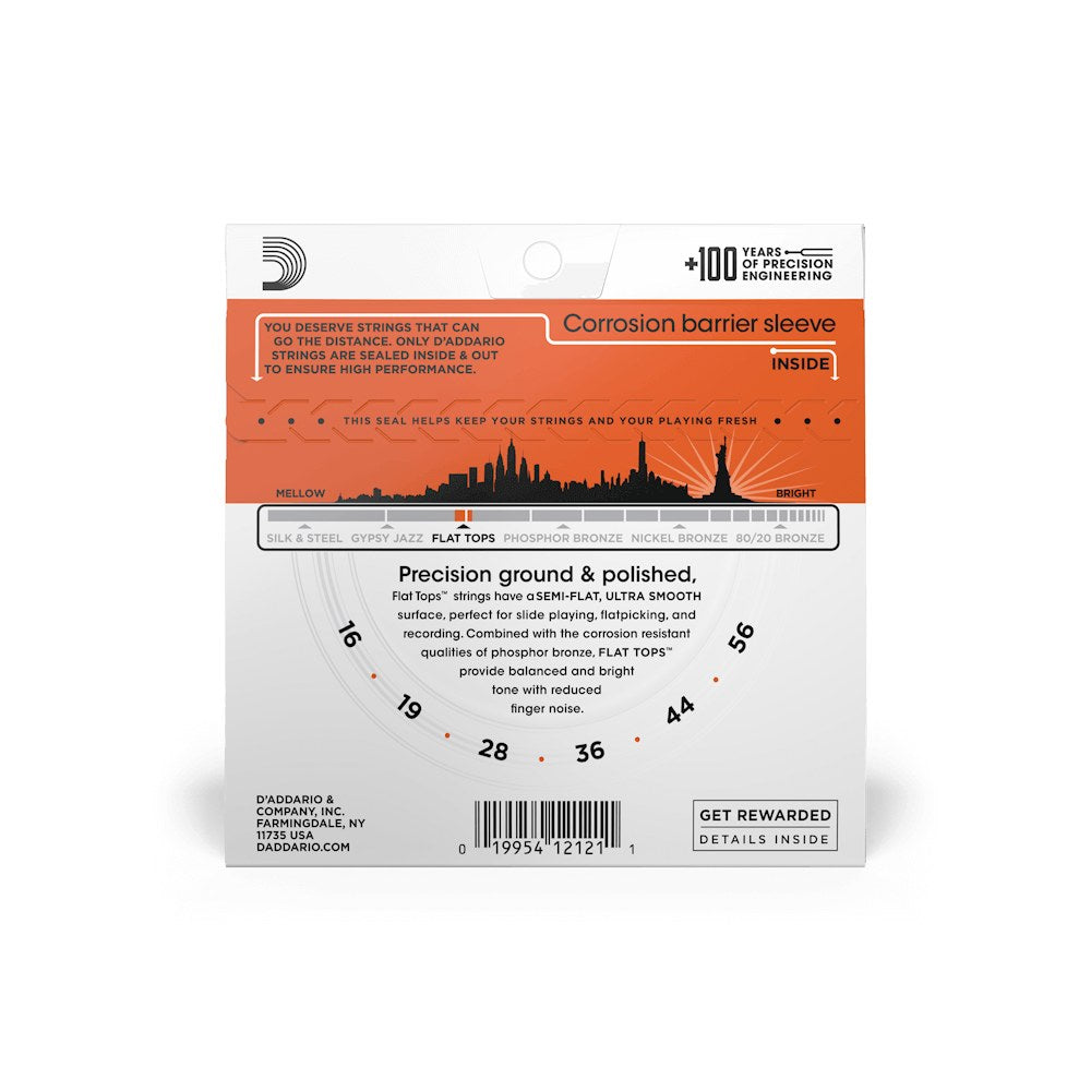 Mặt sau bao bì dây D'Addario EFT13 – thông tin cỡ dây và mã vạch