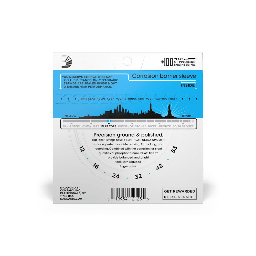 Mặt sau bao bì dây D'Addario EFT16 – thông tin cỡ dây và mã vạch