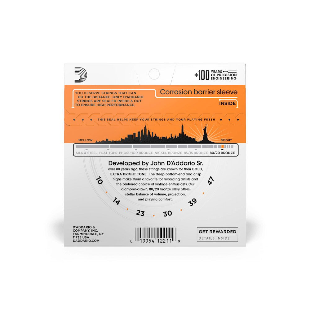Mặt sau bao bì dây D'Addario EJ10 – thông tin cỡ dây và mã vạch