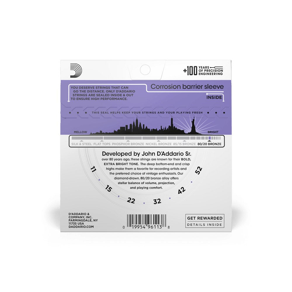 Mặt sau bao bì dây D'Addario EJ13 – thông tin cỡ dây và mã vạch