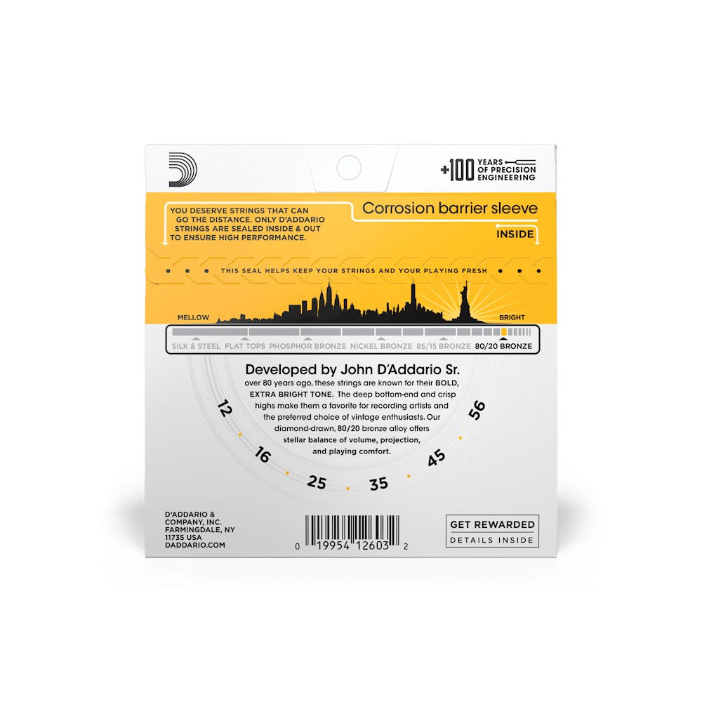 Mặt sau bao bì dây D'Addario EJ14 – thông tin cỡ dây và mã vạch