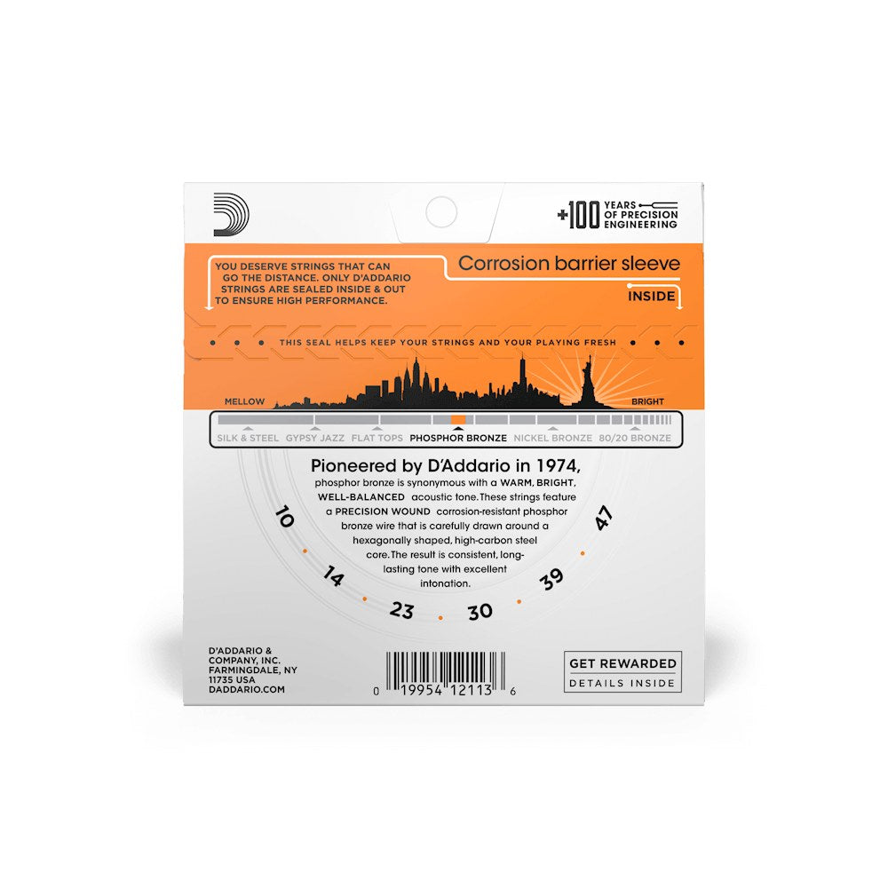 Mặt sau bao bì dây D'Addario EJ15 – thông tin cỡ dây và mã vạch