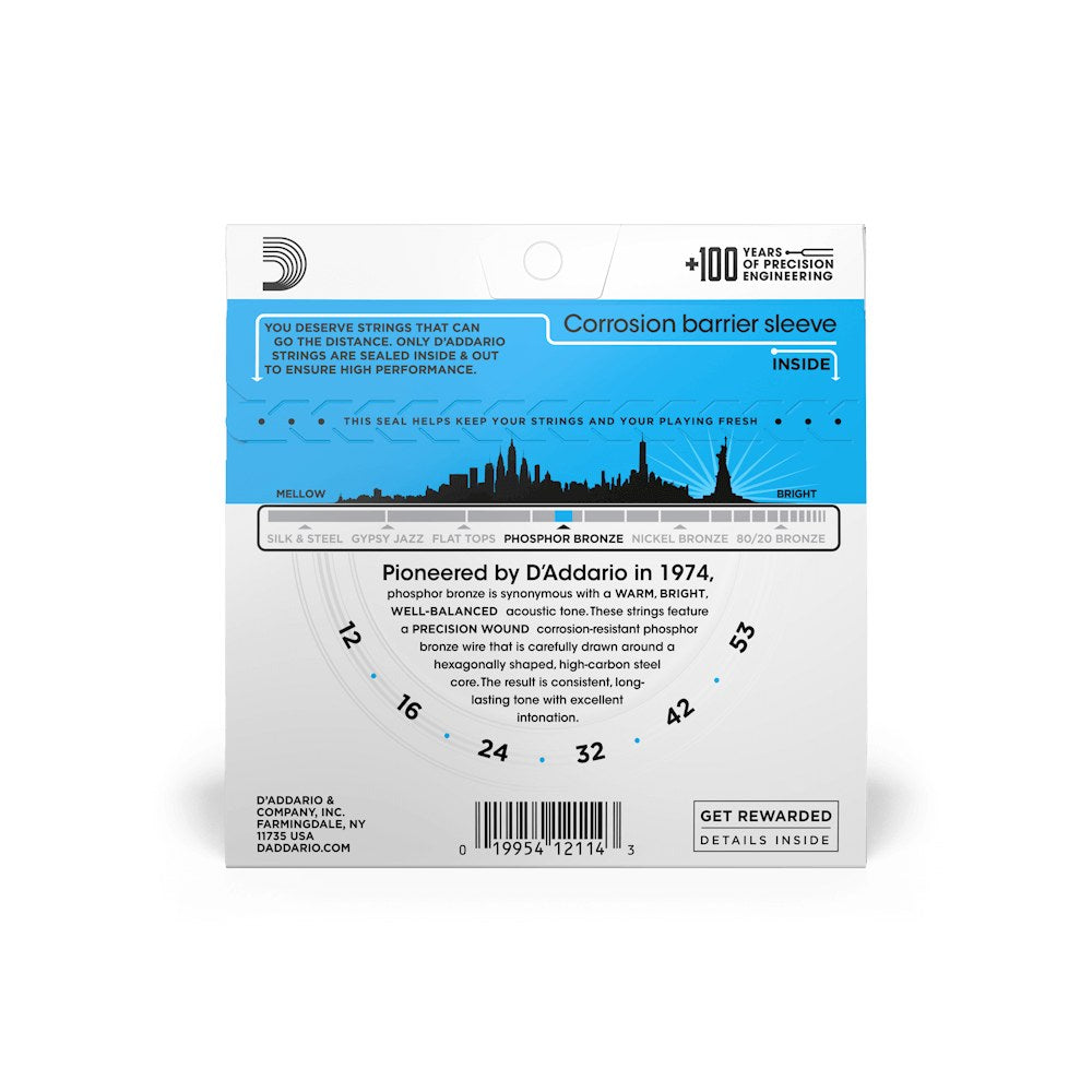 Mặt sau bao bì dây D'Addario EJ16 – thông tin cỡ dây và mã vạch