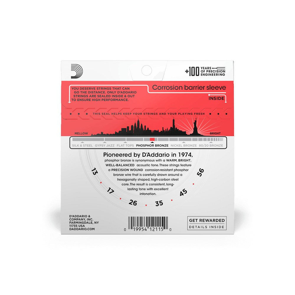 Mặt sau bao bì dây D'Addario EJ17 – thông tin cỡ dây và mã vạch