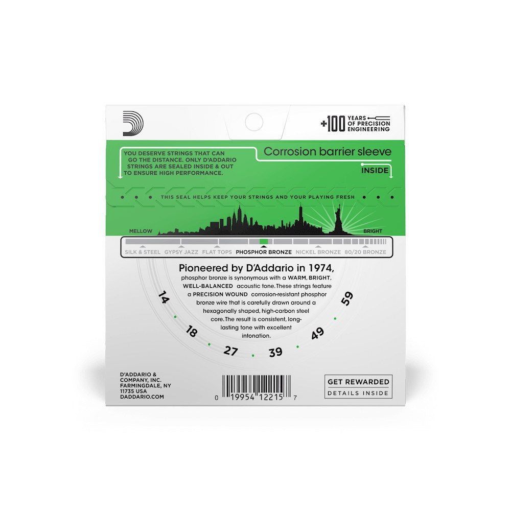 Mặt sau bao bì dây D'Addario EJ18 – thông tin cỡ dây và mã vạch