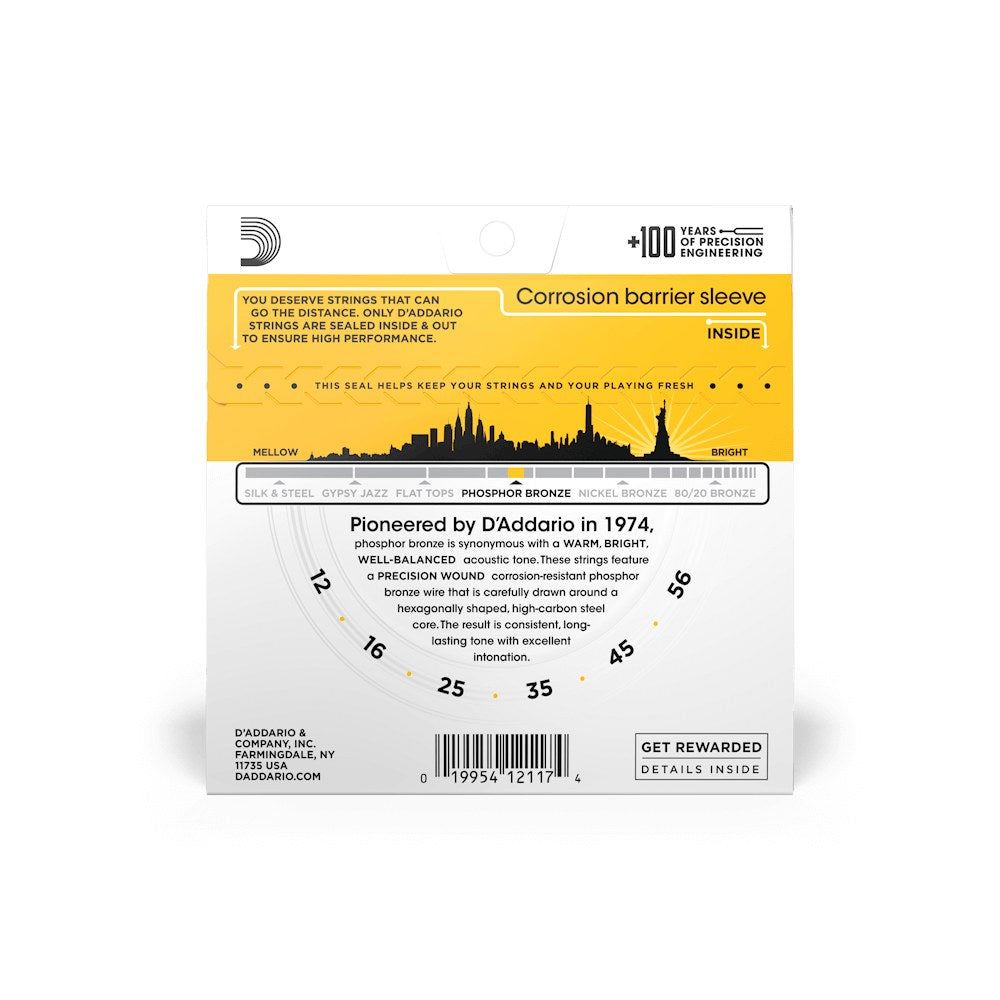 Mặt sau bao bì dây D'Addario EJ19 – thông tin cỡ dây và mã vạch