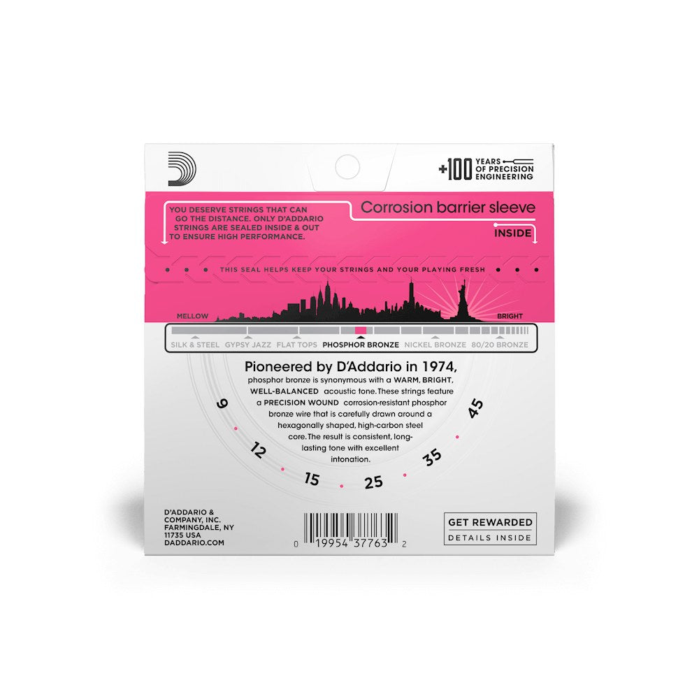 Mặt sau bao bì dây D'Addario EJ23 – thông tin cỡ dây và mã vạch
