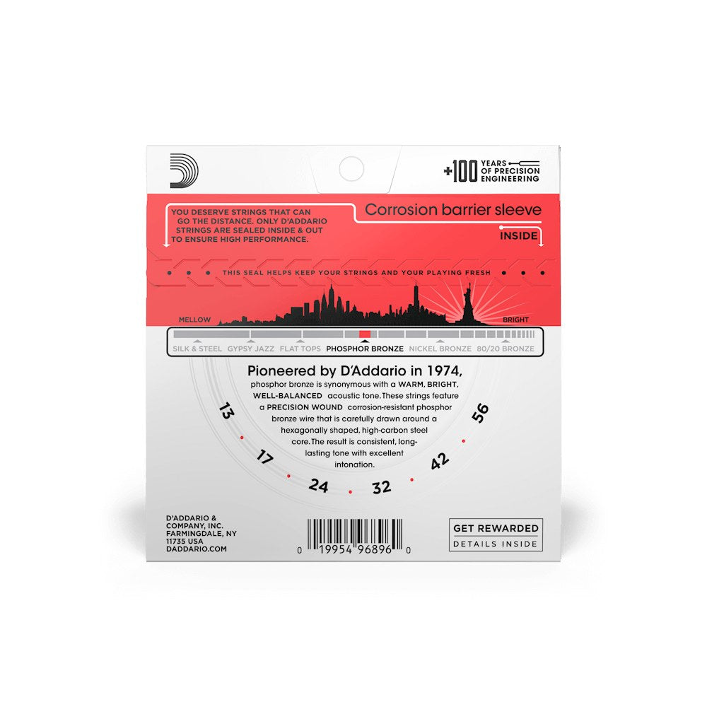 Mặt sau bao bì dây D'Addario EJ24 – thông tin cỡ dây và mã vạch