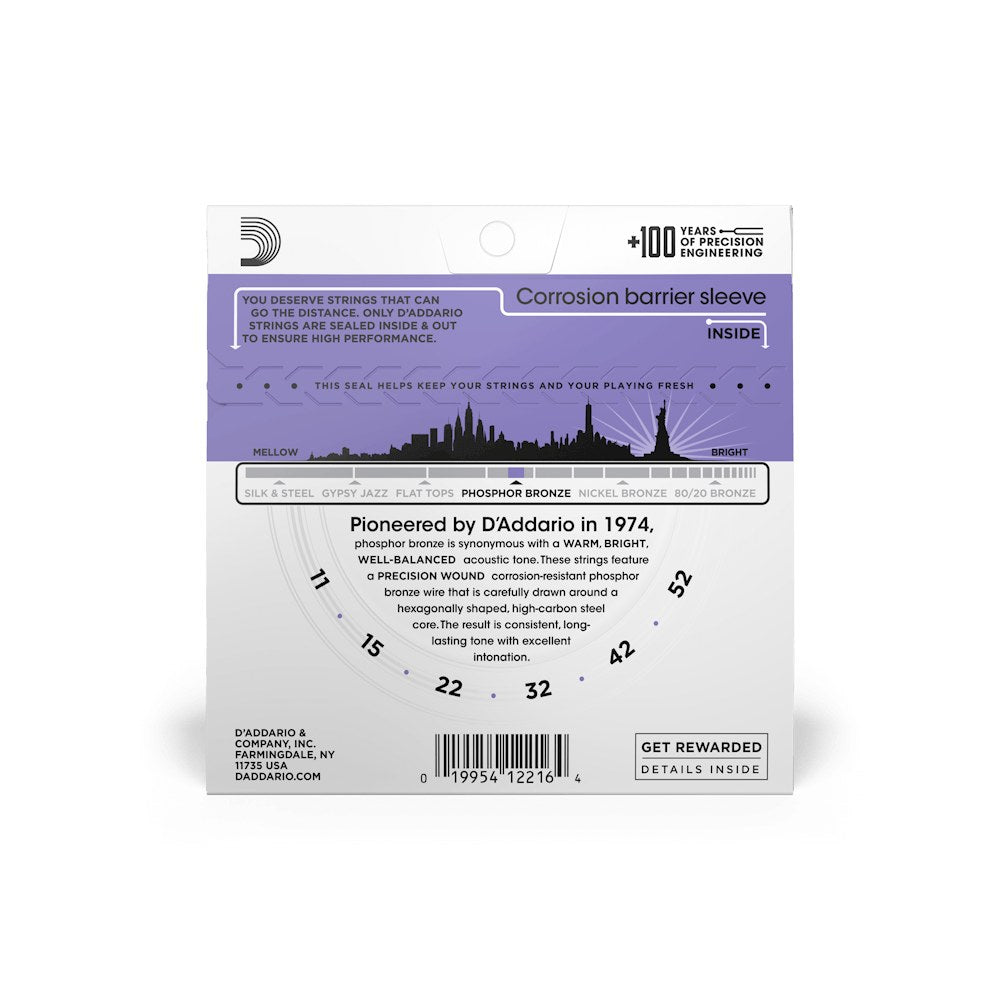 Mặt sau bao bì dây D'Addario EJ26 – thông tin cỡ dây và mã vạch