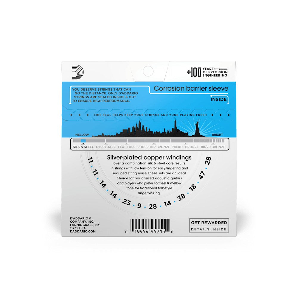 Mặt sau bao bì dây D'Addario EJ35 – thông tin cỡ dây và mã vạch