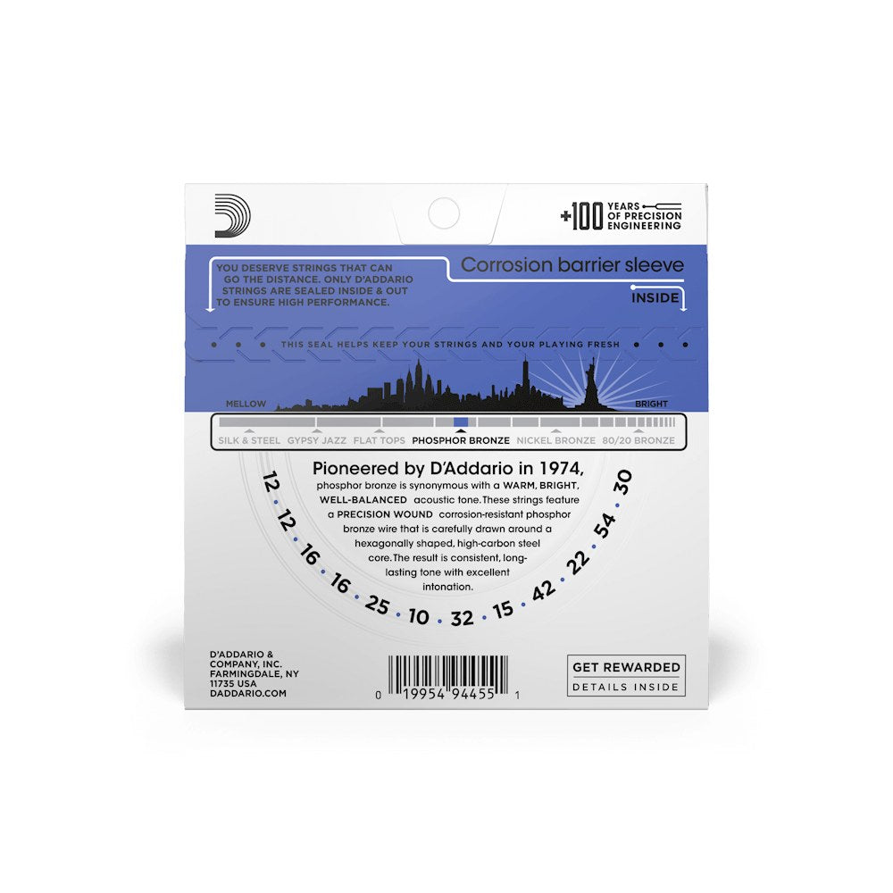 Mặt sau bao bì dây D'Addario EJ37 – thông tin cỡ dây và mã vạch