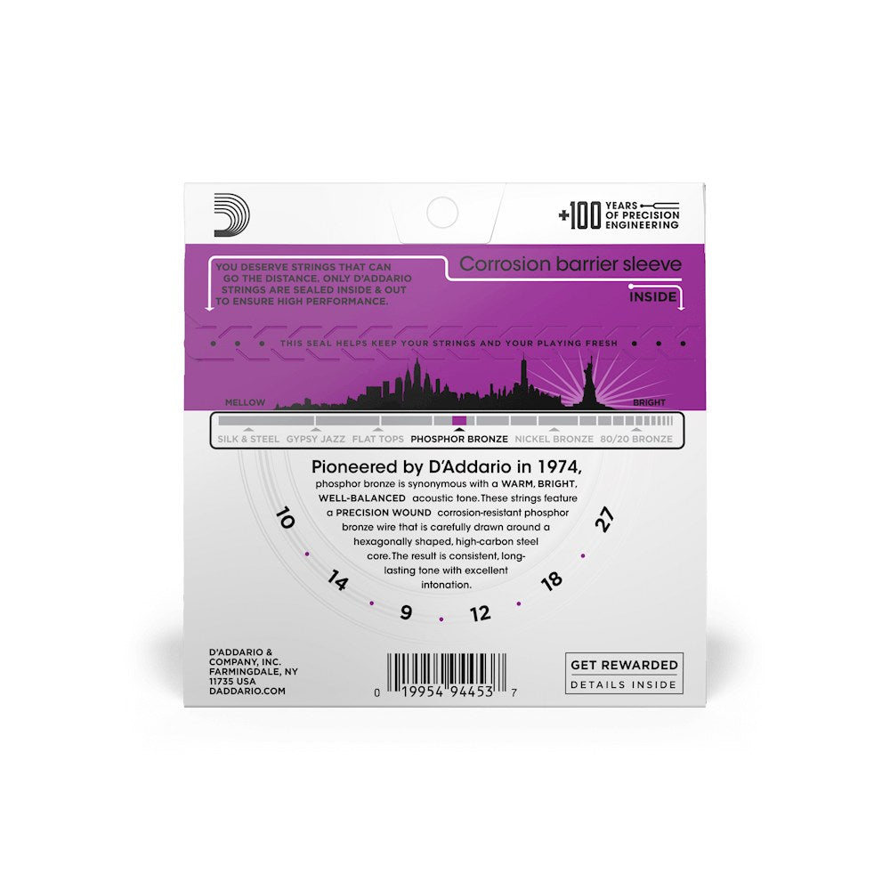 Mặt sau bao bì dây D'Addario EJ38H – thông tin cỡ dây và mã vạch
