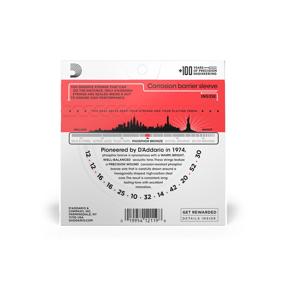 Mặt sau bao bì dây D'Addario EJ39 – thông tin cỡ dây và mã vạch