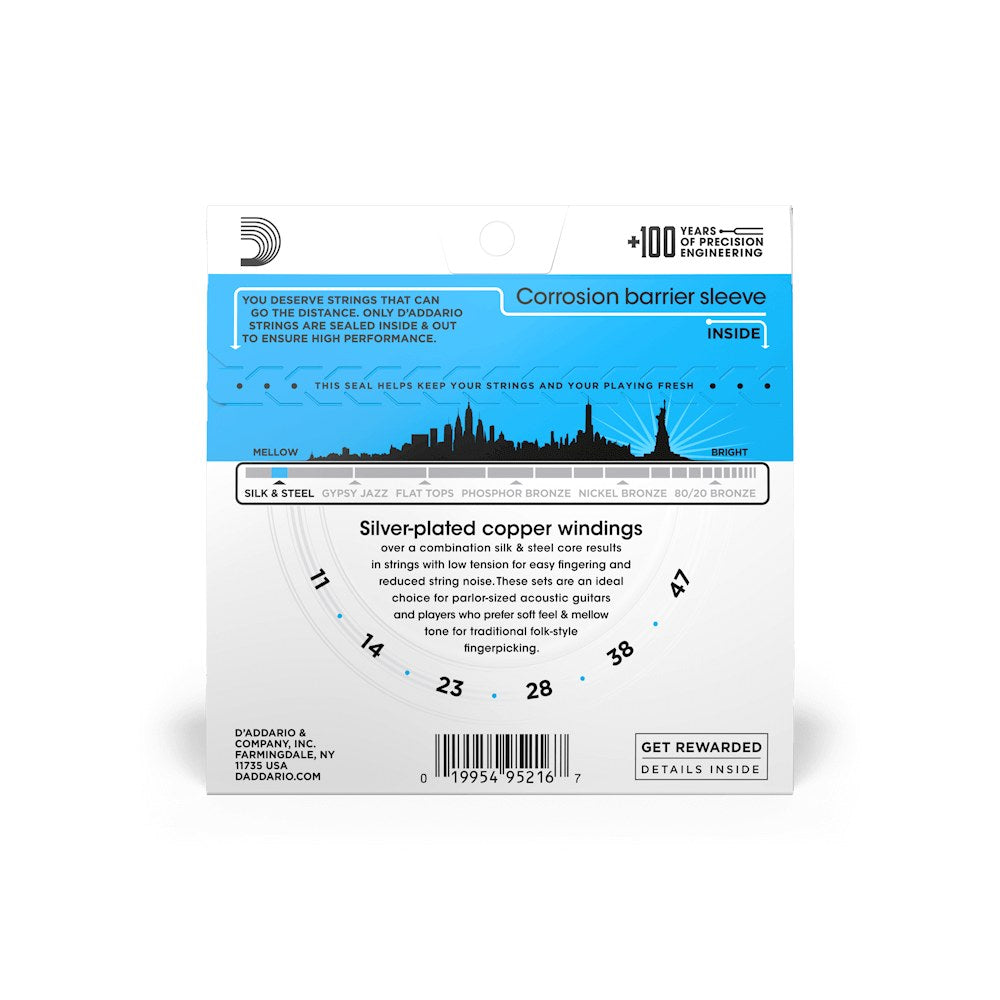 Mặt sau bao bì dây D'Addario EJ40 – thông tin cỡ dây và mã vạch