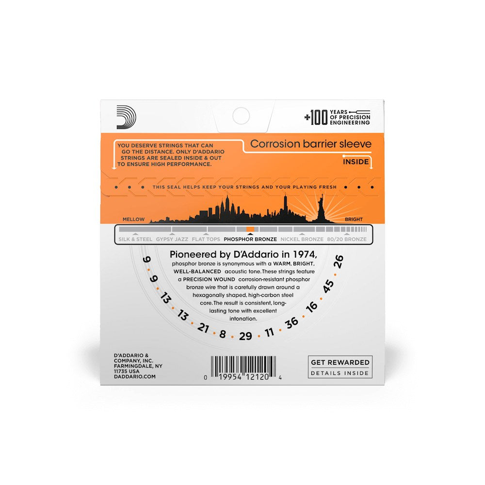 Mặt sau bao bì dây D'Addario EJ41 – thông tin cỡ dây và mã vạch