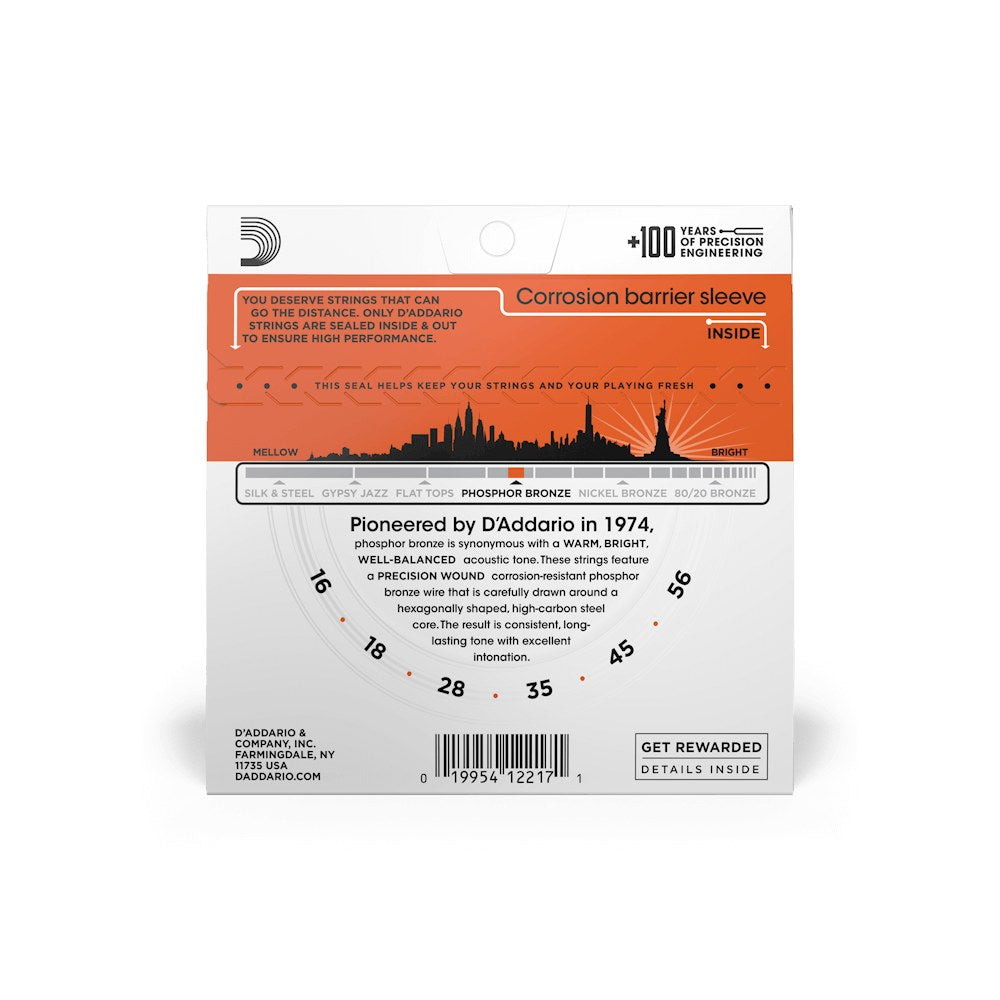 Mặt sau bao bì dây D'Addario EJ42 – thông tin cỡ dây và mã vạch