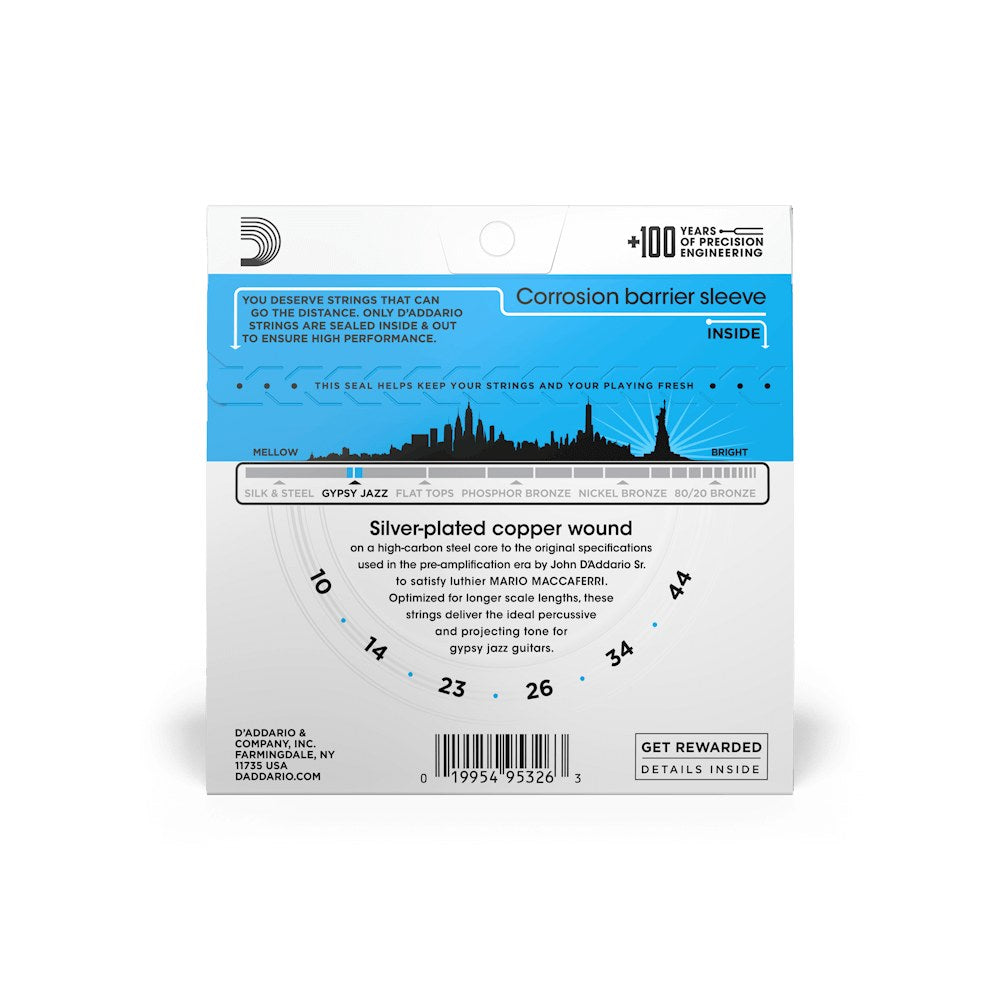 Mặt sau bao bì dây D'Addario EJ83L – thông tin cỡ dây và mã vạch