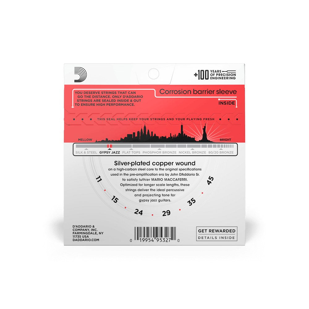 Mặt sau bao bì dây D'Addario EJ83M – thông tin cỡ dây và mã vạch