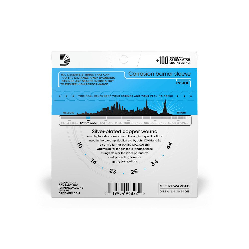 Mặt sau bao bì dây D'Addario EJ84L – thông tin cỡ dây và mã vạch