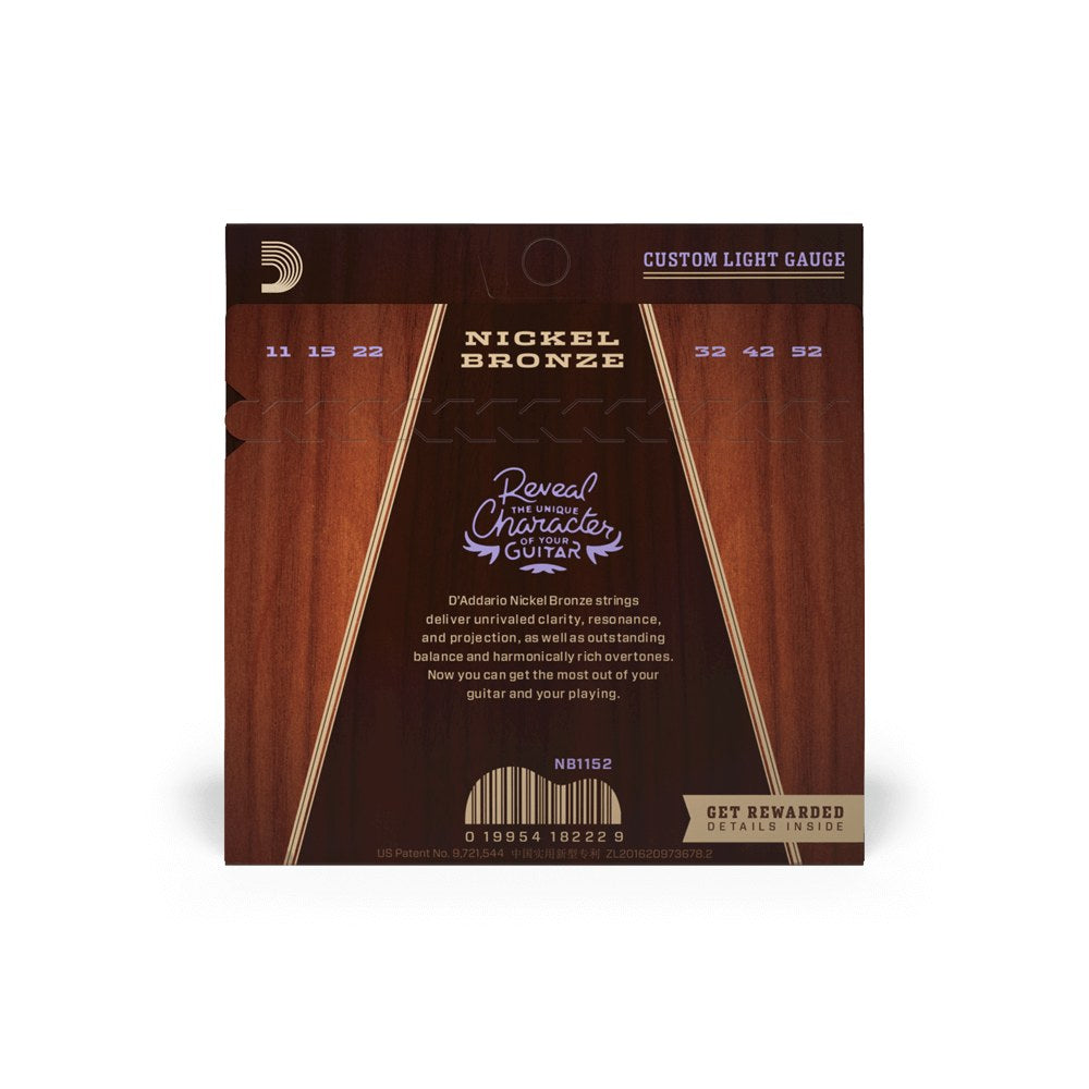Mặt sau bao bì dây D'Addario NB1152 – thông tin cỡ dây và mã vạch