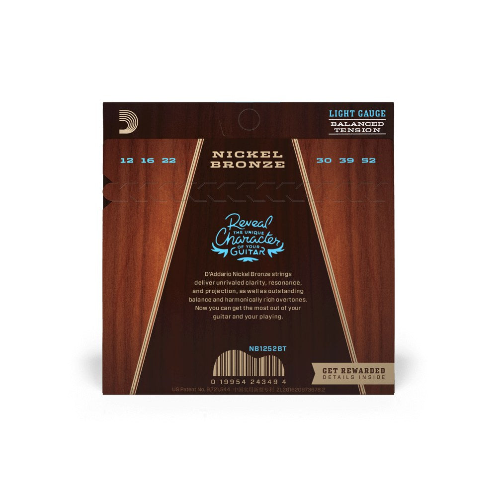 Mặt sau bao bì dây D'Addario NB1252BT – thông tin cỡ dây và mã vạch