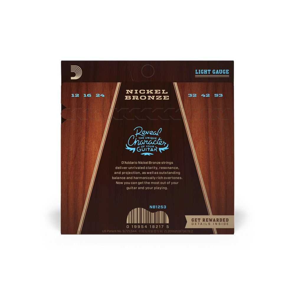 Mặt sau bao bì dây D'Addario NB1253 – thông tin cỡ dây và mã vạch