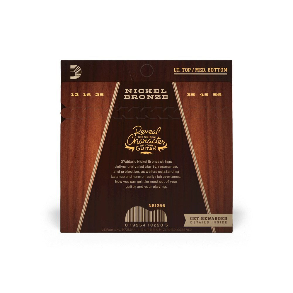 Mặt sau bao bì dây D'Addario NB1256 – thông tin cỡ dây và mã vạch
