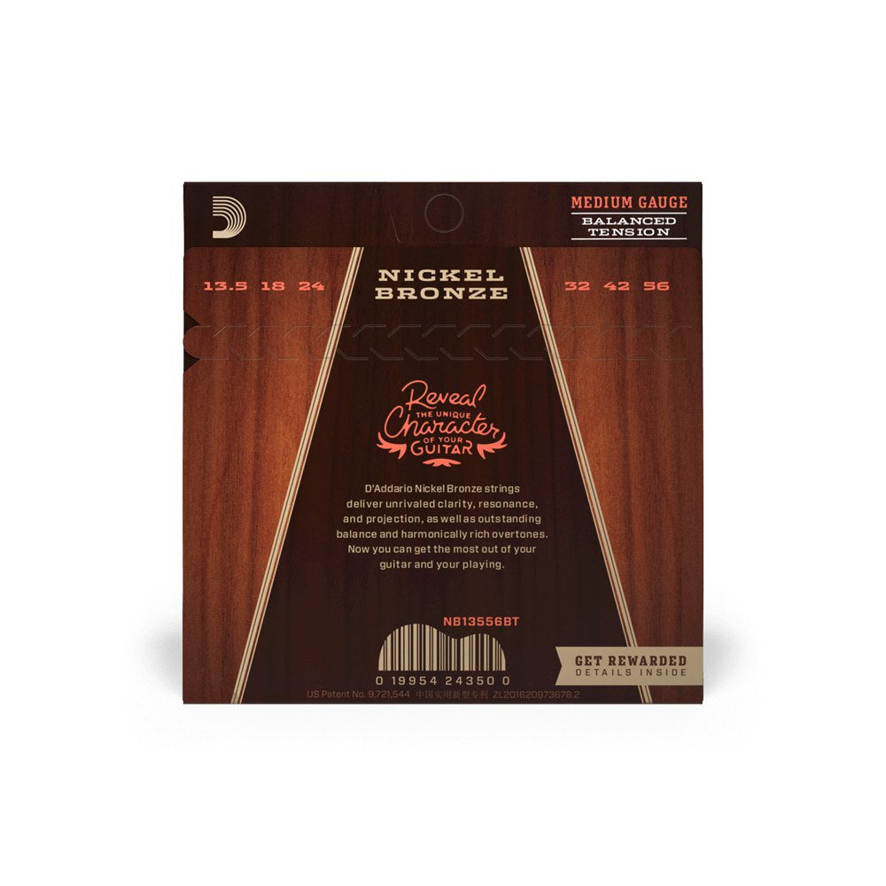 Mặt sau bao bì dây D'Addario NB13556BT – thông tin cỡ dây và mã vạch