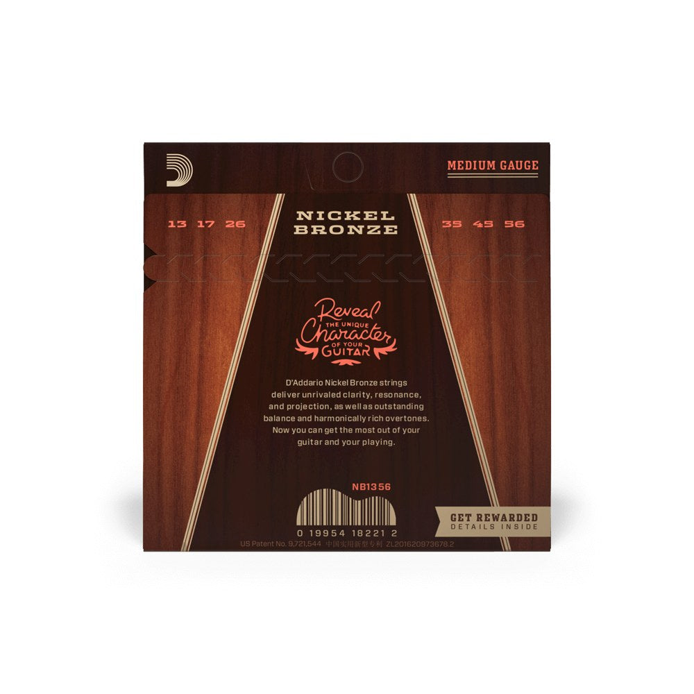 Mặt sau bao bì dây D'Addario NB1356 – thông tin cỡ dây và mã vạch