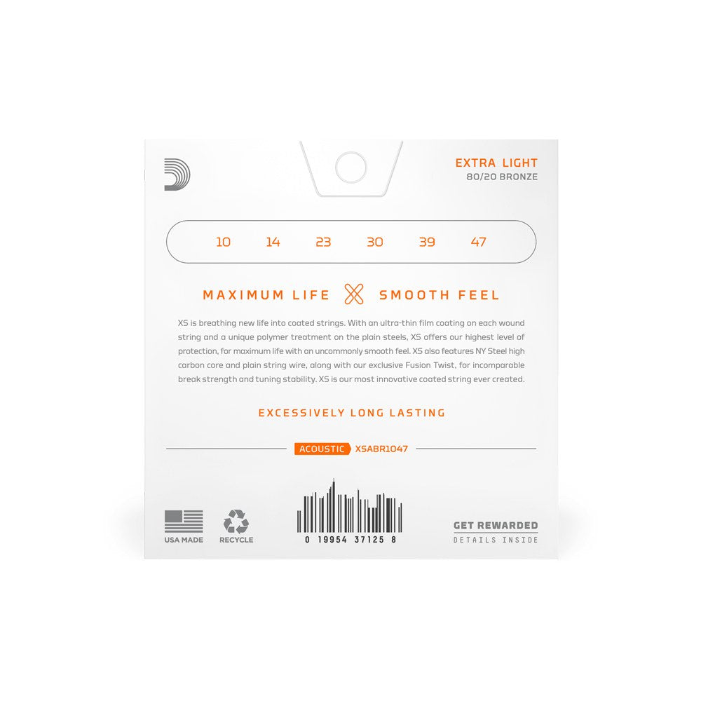 Mặt sau bao bì dây D'Addario XSABR1047 – thông tin cỡ dây và mã vạch