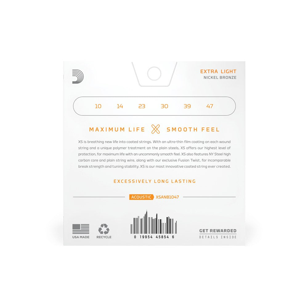 Mặt sau bao bì dây D'Addario XSANB1047 – thông tin cỡ dây và mã vạch
