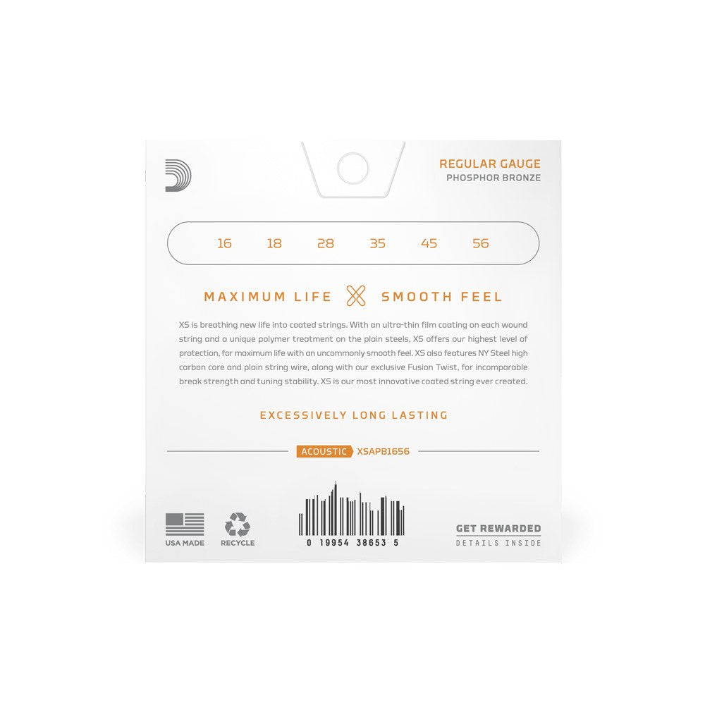 Mặt sau bao bì dây D'Addario XSAPB1656 – thông tin cỡ dây và mã vạch