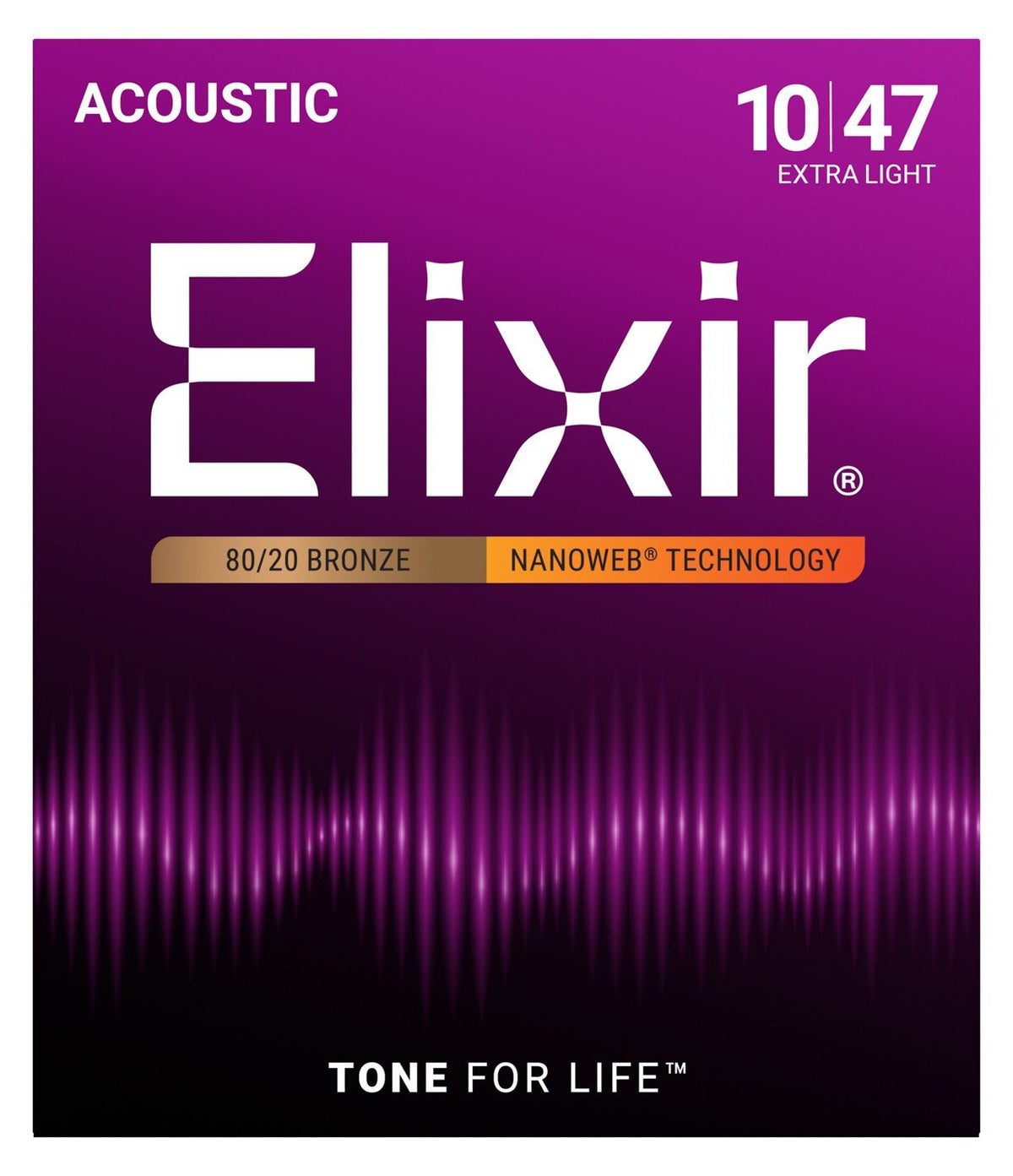 Dây Elixir 11002 80/20 Bronze Nanoweb 10-47 Extra Light – bao bì mặt trước