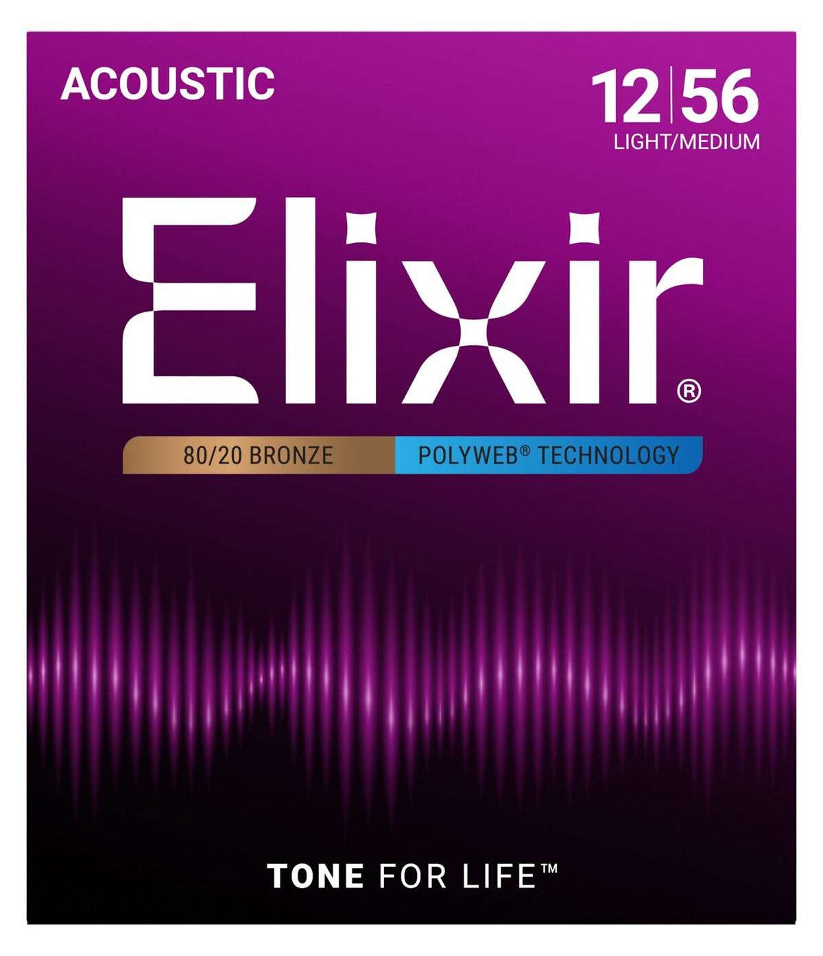 Dây Elixir 11075 80/20 Bronze Polyweb 12-56 Light-Medium – bao bì mặt trước