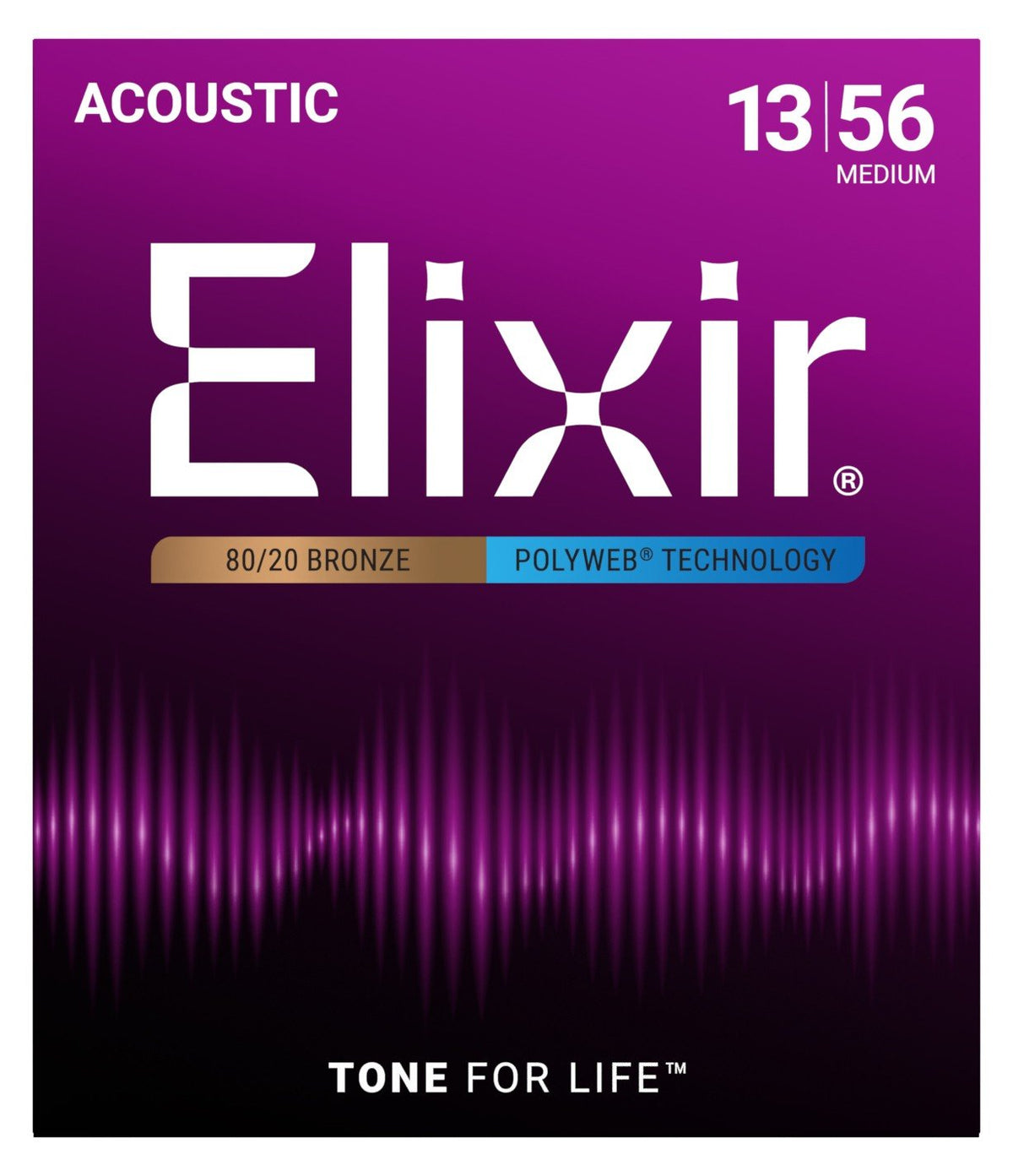 Dây Elixir 11100 80/20 Bronze Polyweb 13-56 Medium – bao bì mặt trước