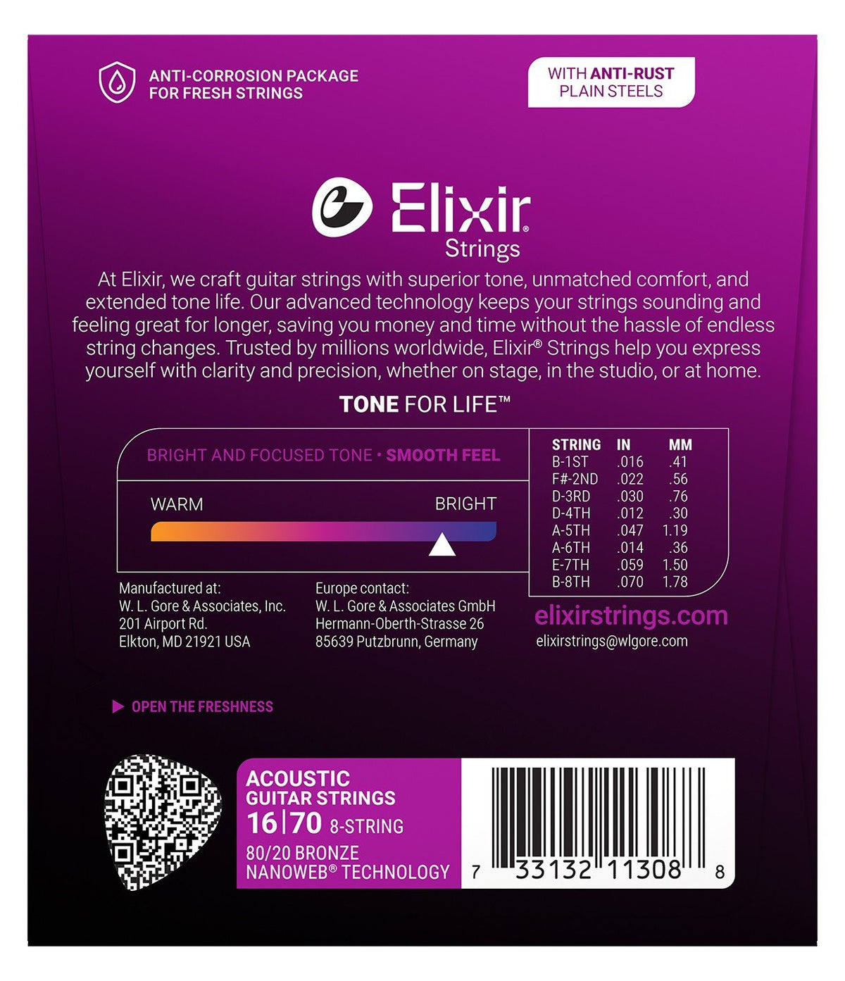Mặt sau bao bì dây Elixir 11308 – bảng cỡ dây, nơi sản xuất và mã vạch