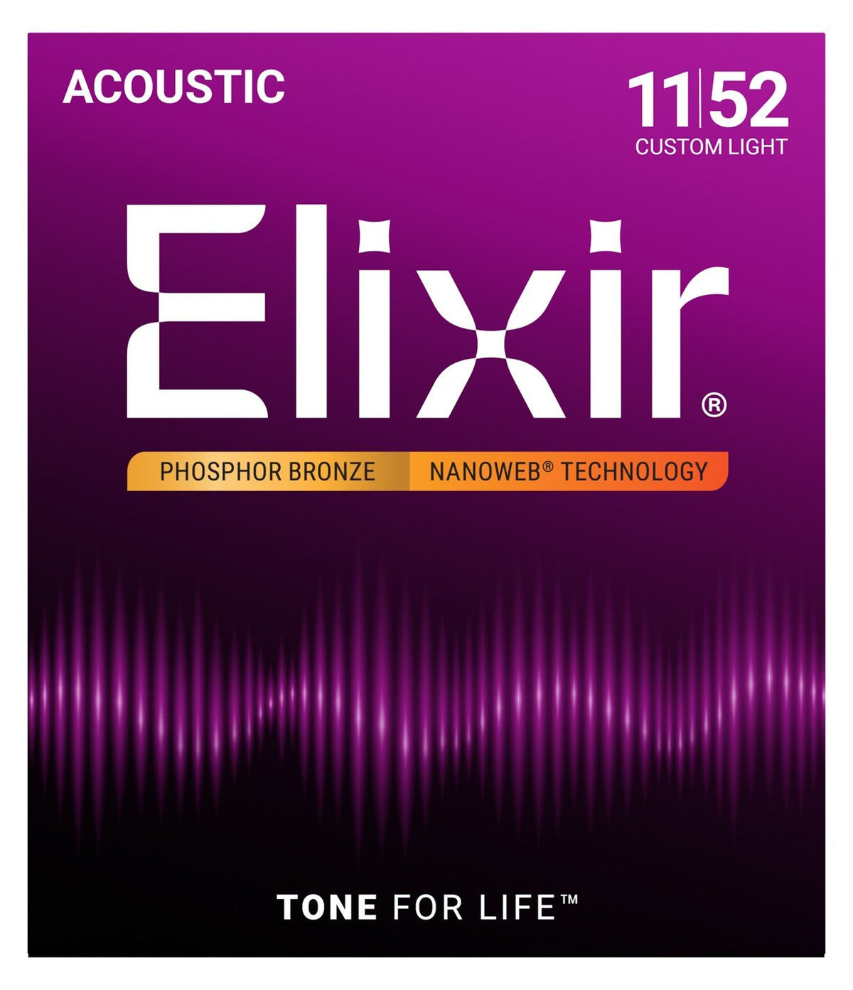 Dây Elixir 16027 Phosphor Bronze Nanoweb 11-52 Custom Light – bao bì mặt trước