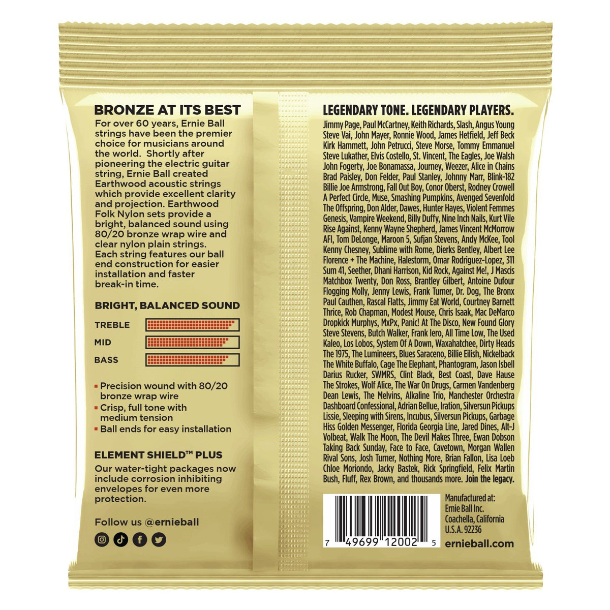 Mặt sau bao bì dây Ernie Ball 2002 – mã vạch UPC, nơi sản xuất Coachella, California