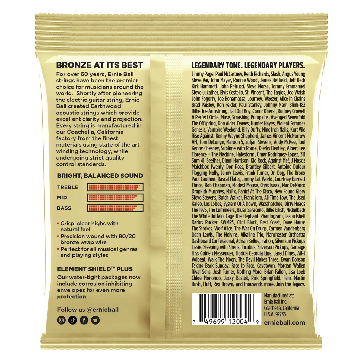 Mặt sau bao bì dây Ernie Ball 2004 – mã vạch UPC, nơi sản xuất Coachella, California