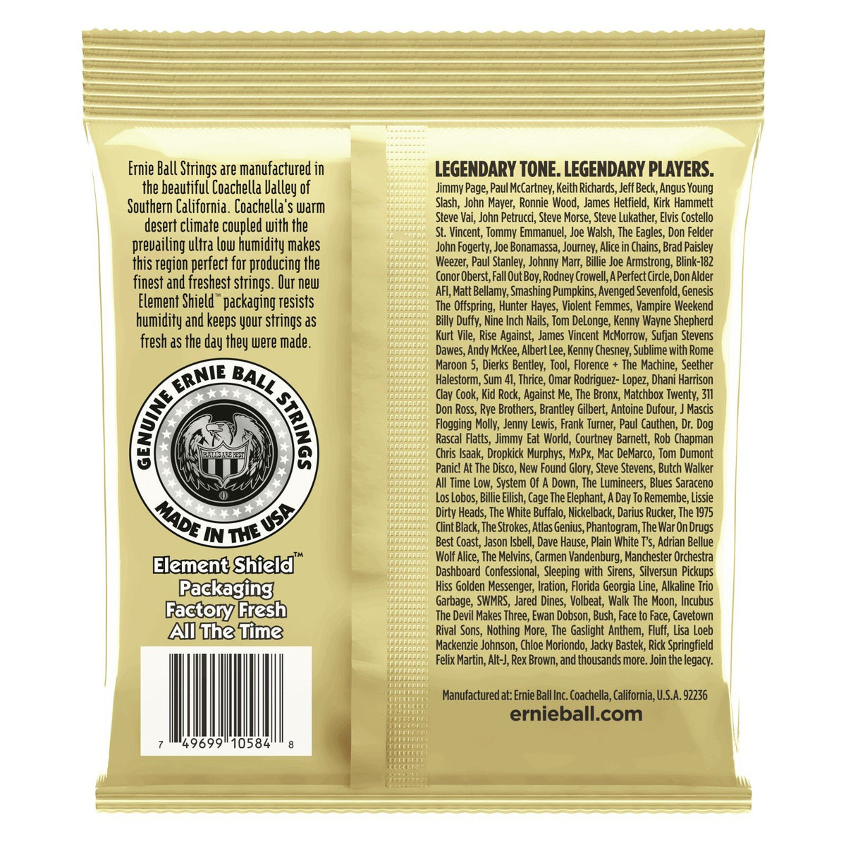 Mặt sau bao bì dây Ernie Ball 2005 – mã vạch UPC, nơi sản xuất Coachella, California