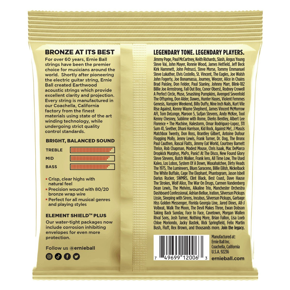 Mặt sau bao bì dây Ernie Ball 2006 – mã vạch UPC, nơi sản xuất Coachella, California