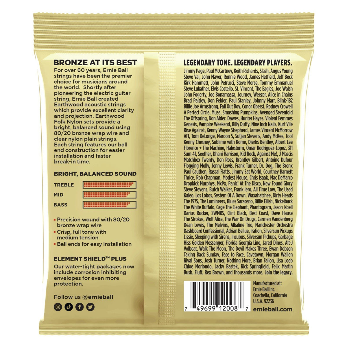 Mặt sau bao bì dây Ernie Ball 2008 – mã vạch UPC, nơi sản xuất Coachella, California