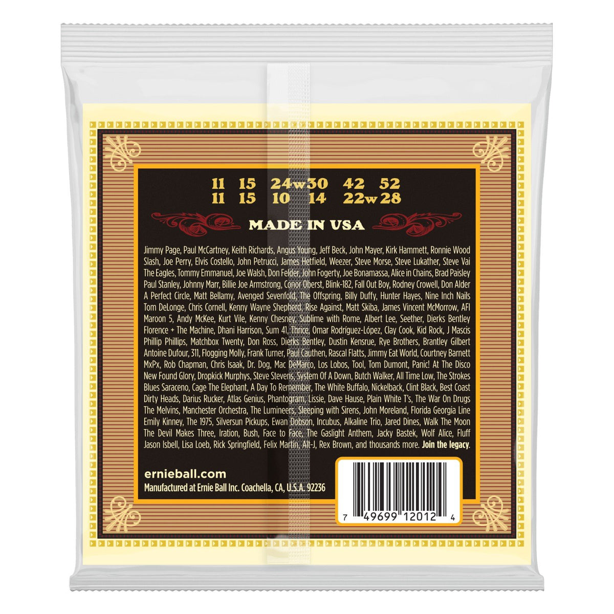 Mặt sau bao bì dây Ernie Ball 2012 – mã vạch UPC, nơi sản xuất Coachella, California