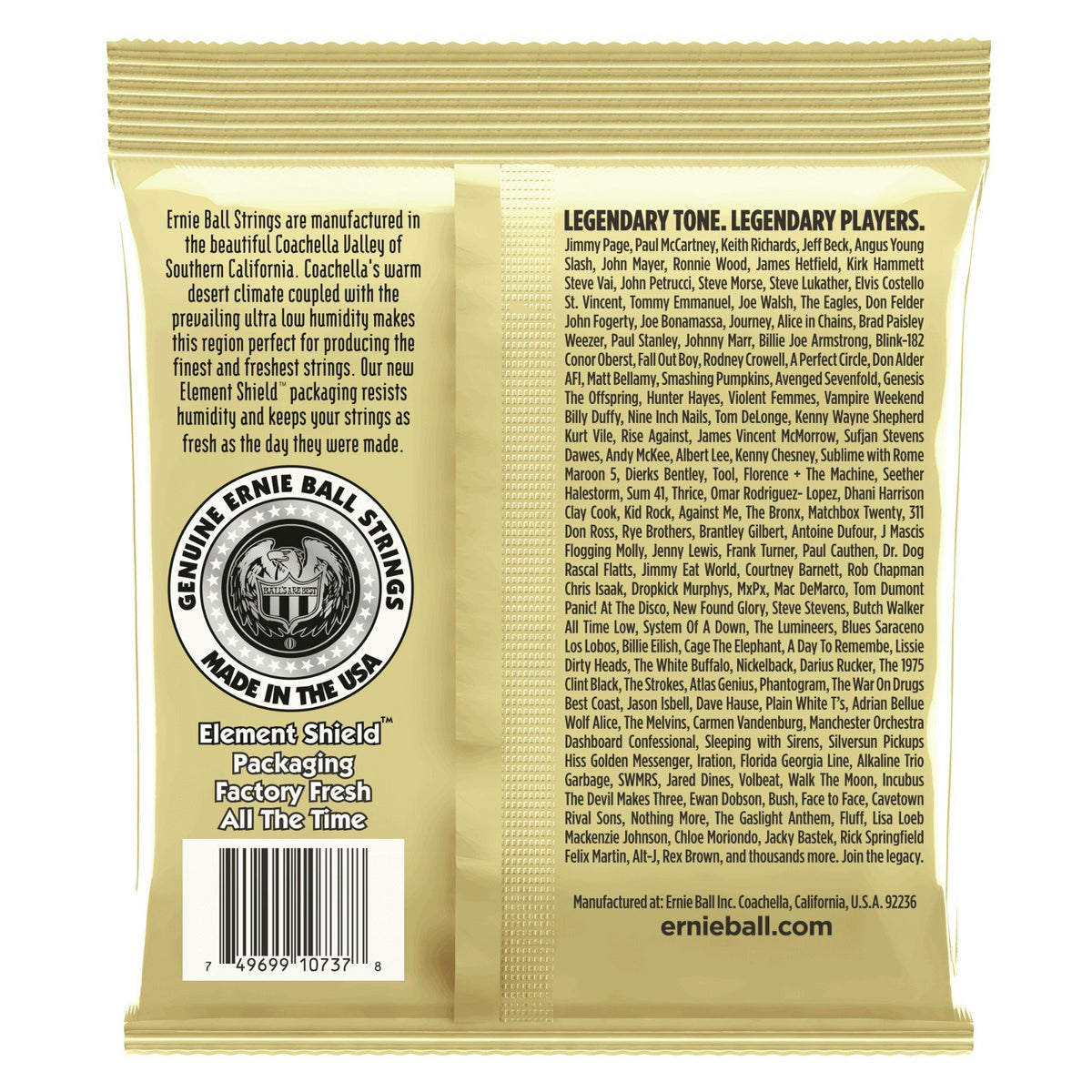 Mặt sau bao bì dây Ernie Ball 2013 – mã vạch UPC, nơi sản xuất Coachella, California