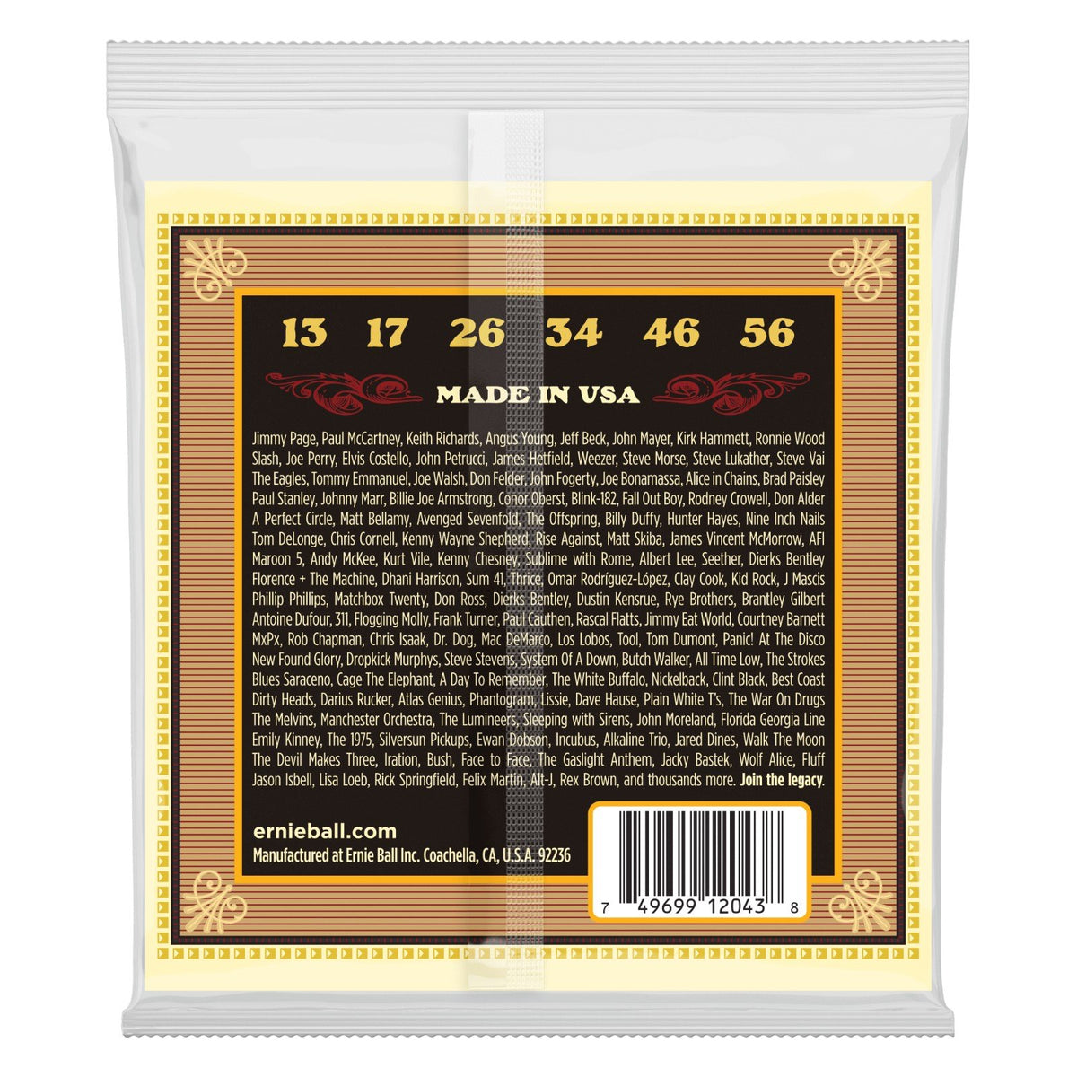 Mặt sau bao bì dây Ernie Ball 2043 – mã vạch UPC, nơi sản xuất Coachella, California