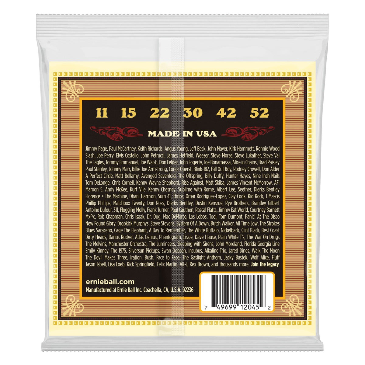 Mặt sau bao bì dây Ernie Ball 2045 – mã vạch UPC, nơi sản xuất Coachella, California