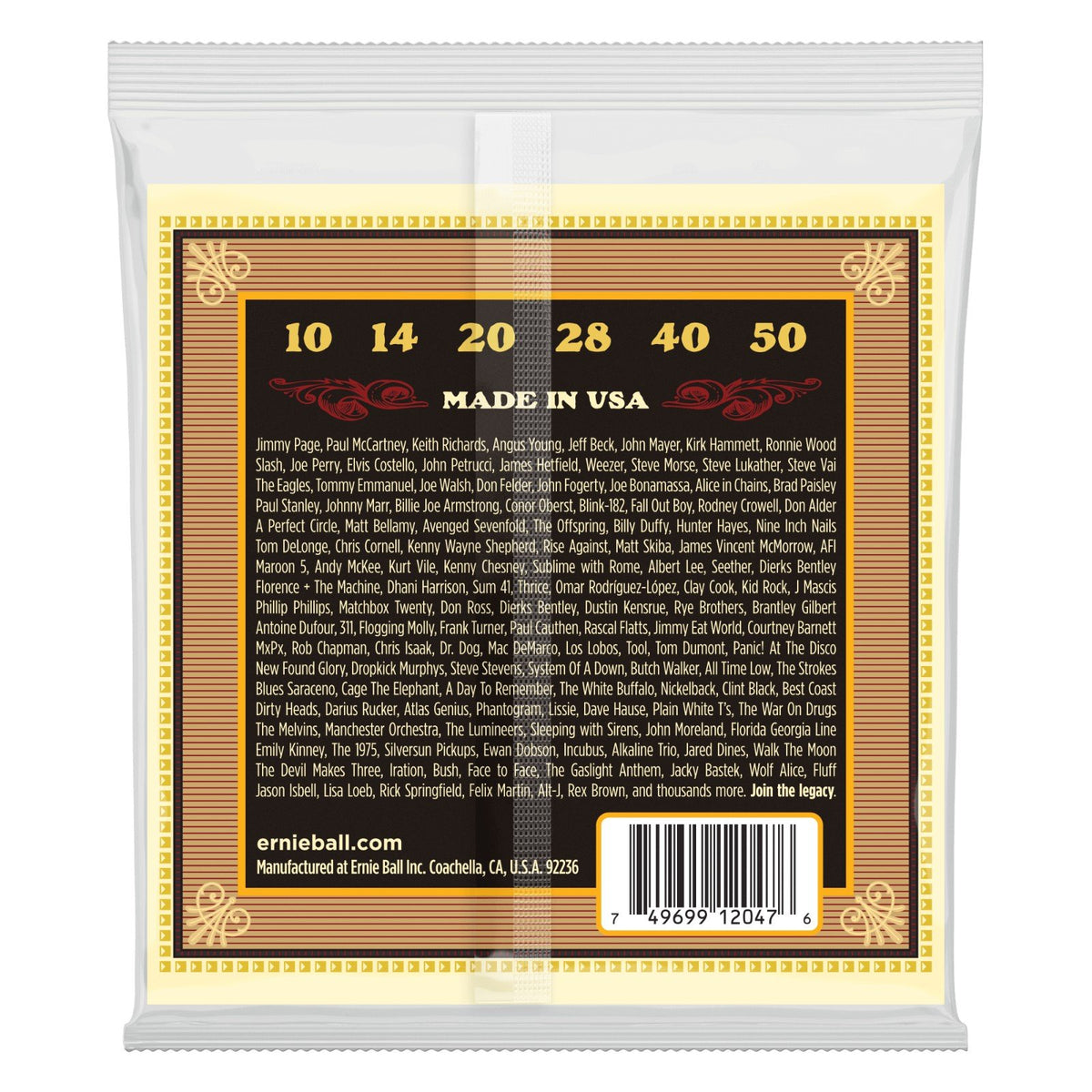 Mặt sau bao bì dây Ernie Ball 2047 – mã vạch UPC, nơi sản xuất Coachella, California