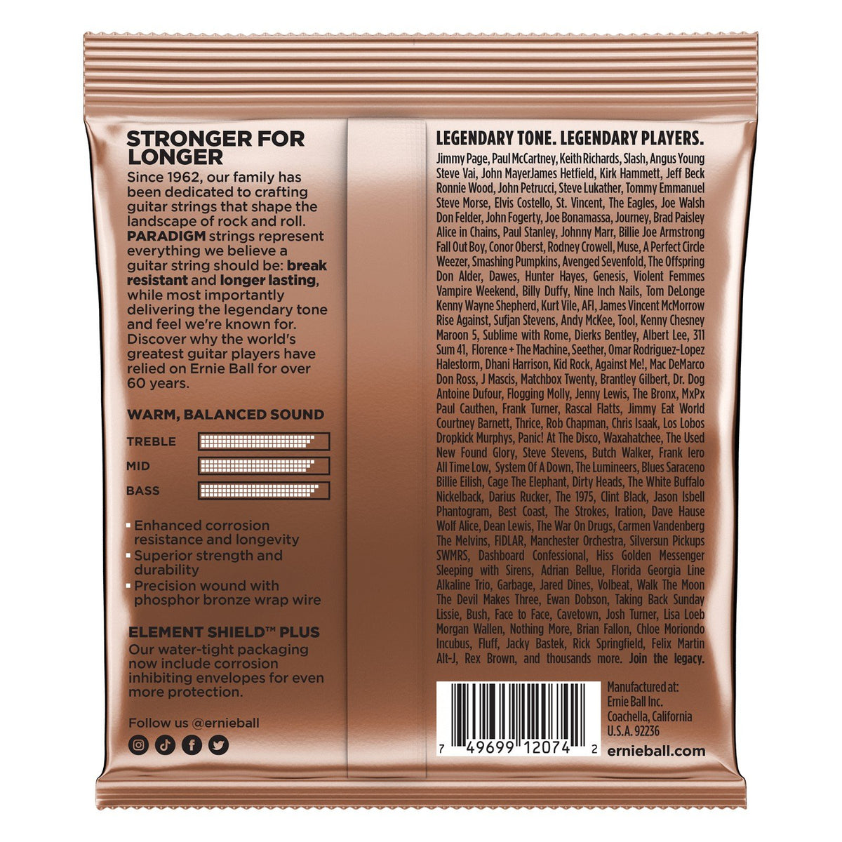 Mặt sau bao bì dây Ernie Ball 2074 – mã vạch UPC, nơi sản xuất Coachella, California