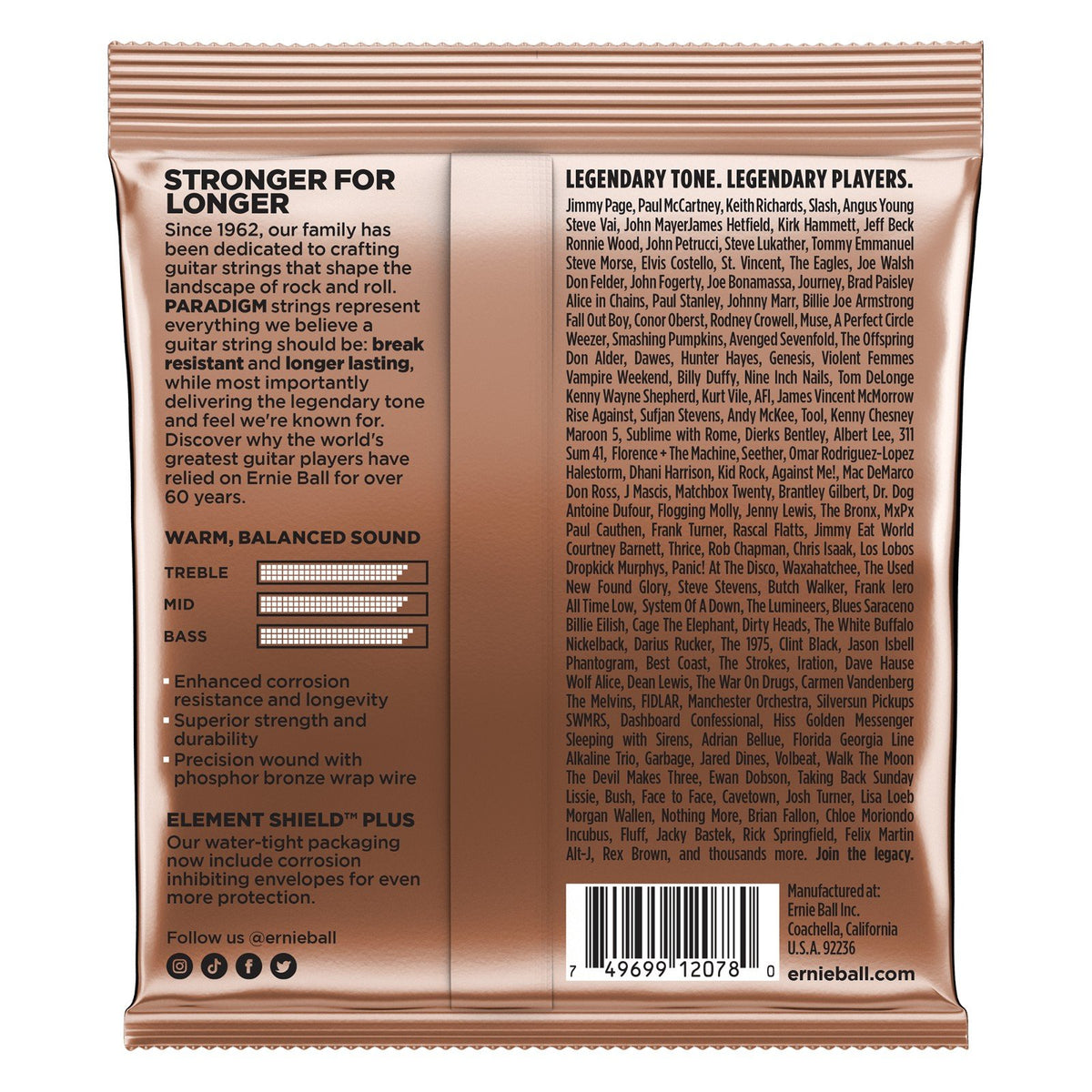 Mặt sau bao bì dây Ernie Ball 2078 – mã vạch UPC, nơi sản xuất Coachella, California