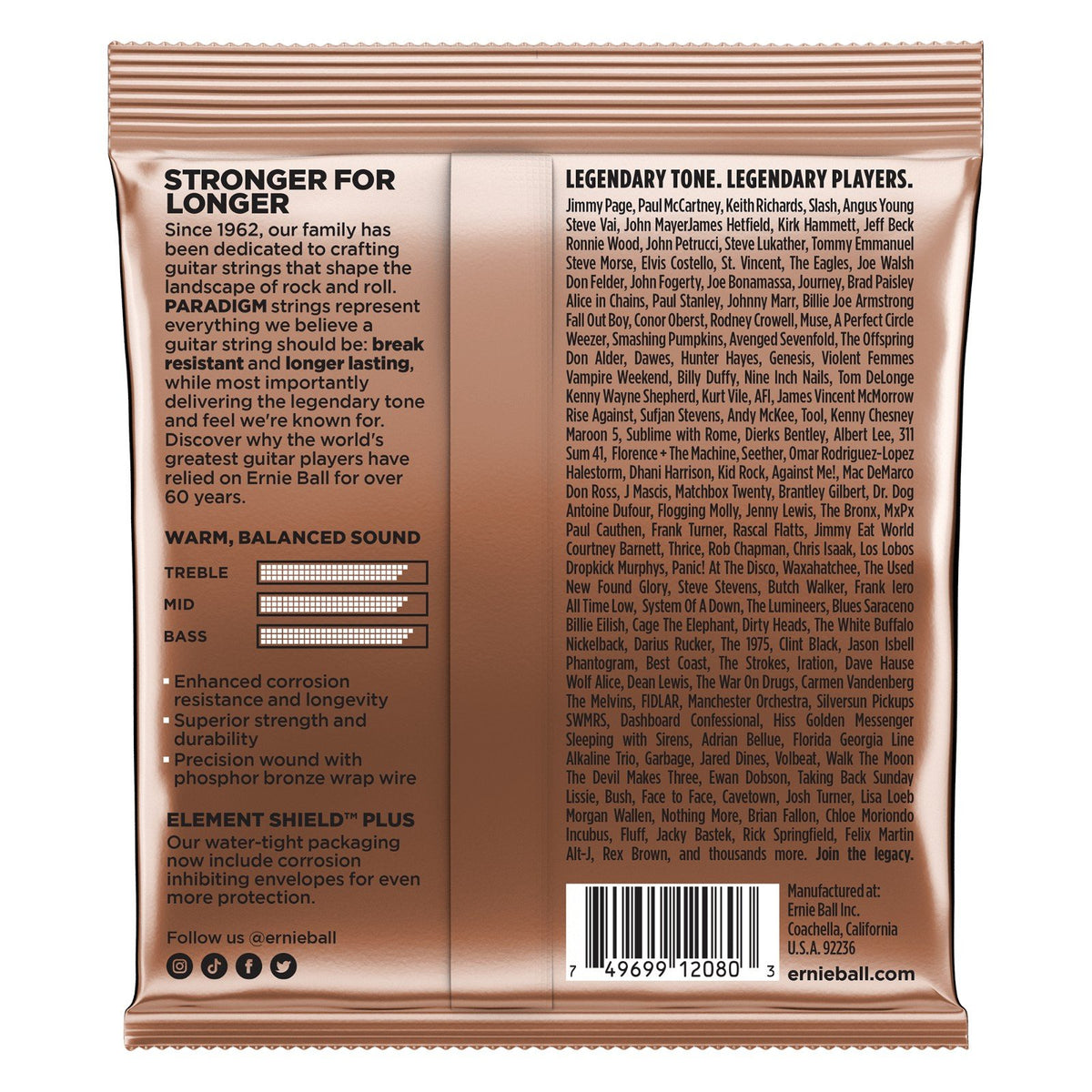 Mặt sau bao bì dây Ernie Ball 2080 – mã vạch UPC, nơi sản xuất Coachella, California